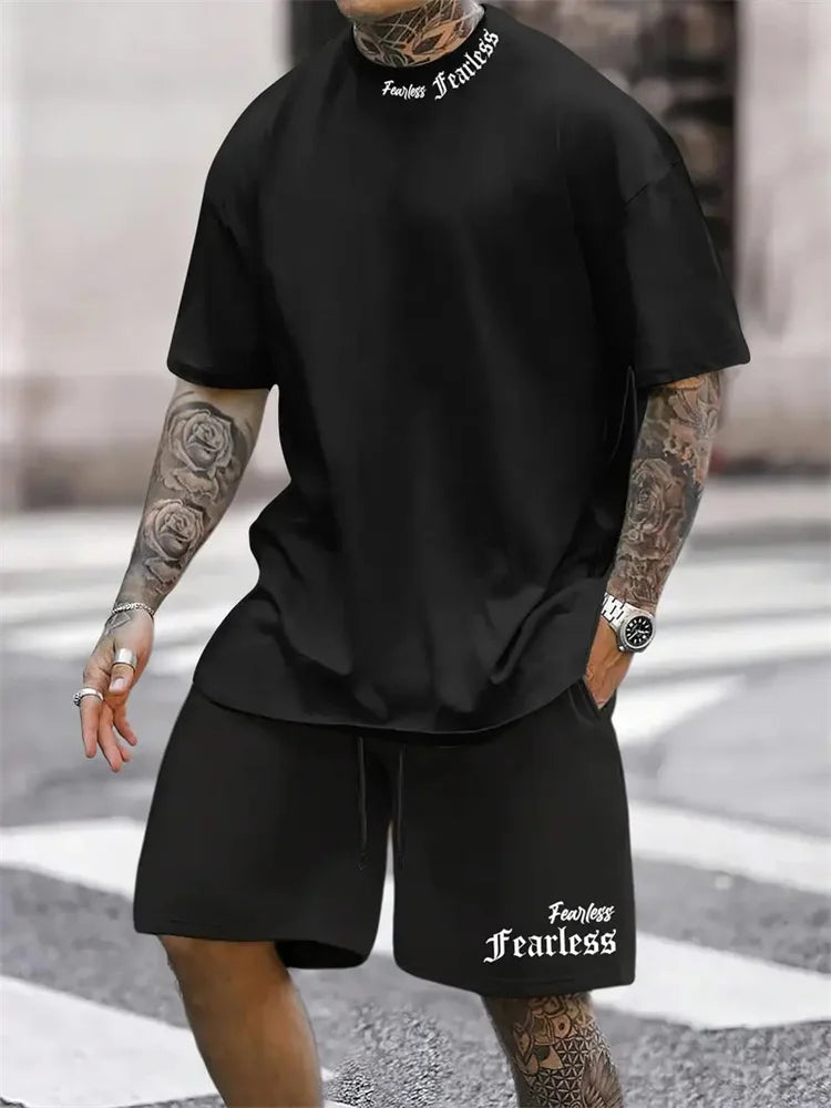 Men's Fearless Letter Print Short Sleeve T-Shirt and Shorts Matching Set Casual Office Wear Summer Holiday Loose 2PCS Outfits - Ellianto fashion Men's