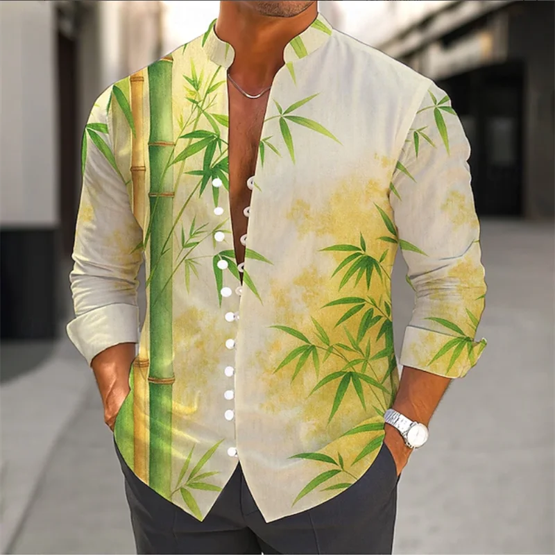 Men's Long Sleeve Shirt Cross Border Summer 3D Bamboo Print Flower Vintage Flip-Neck Long Sleeve Button Top