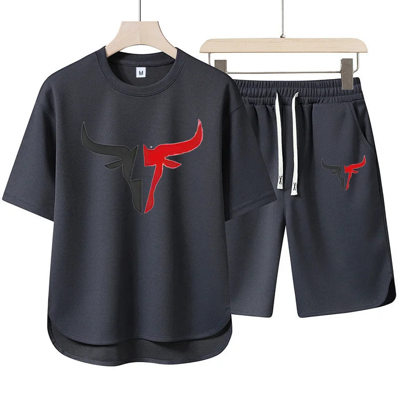 Set 2025 New European and American men's Summer Casual cotton and linen European size short-sleeved shirt + jogging sports shorts 2- - Ellianto fashion Men's