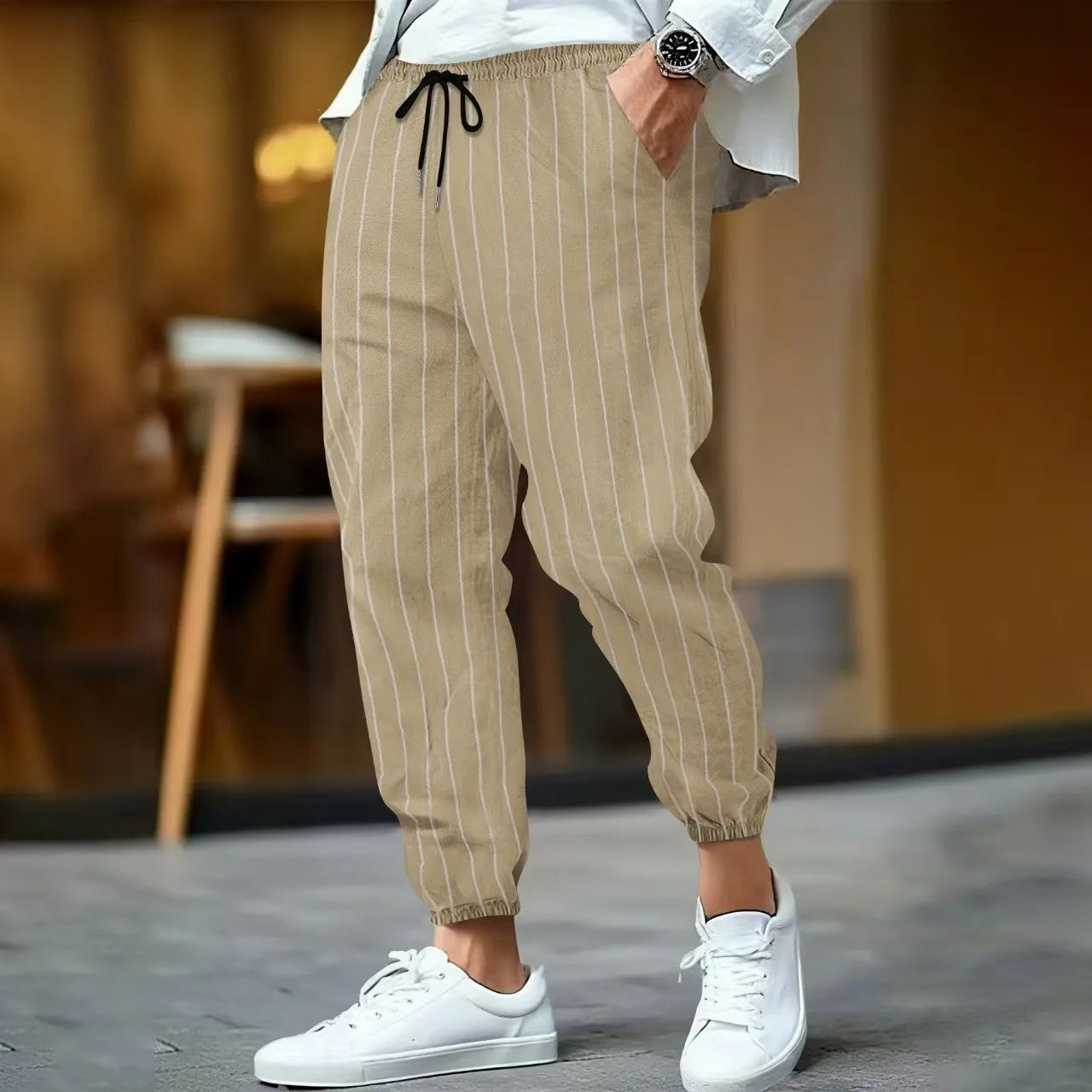 Men's Striped Casual Cotton Linen Blend Trousers Loose Fit Breathable Fashionable Sport Pants Street Versatile Trousers - Ellianto fashion Men's