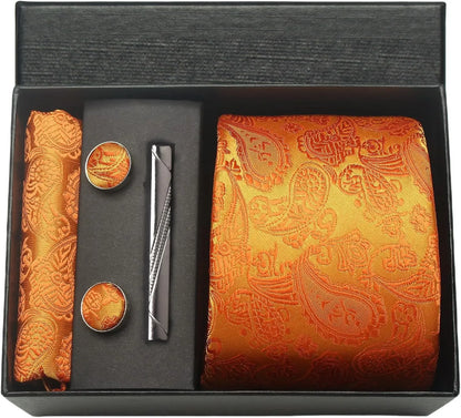 100% Silk Necktie Paisley Floral Mens Tie Top Quality Business Tie Pocket Square Tie Clip Cufflinks Set Classic For Men Gift Box - Ellianto fashion Men's