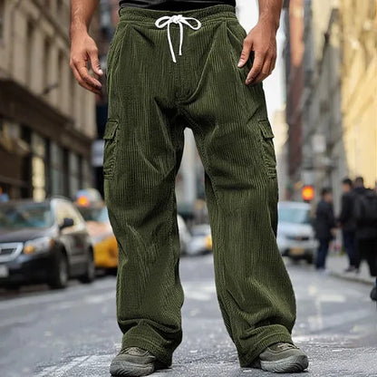 Autumn Casual Corduroy Pants Men's Long Pants Solid Color Drawstring Casual Breathable Wide-leg Multi-pocket Straight Pants - Ellianto fashion Men's