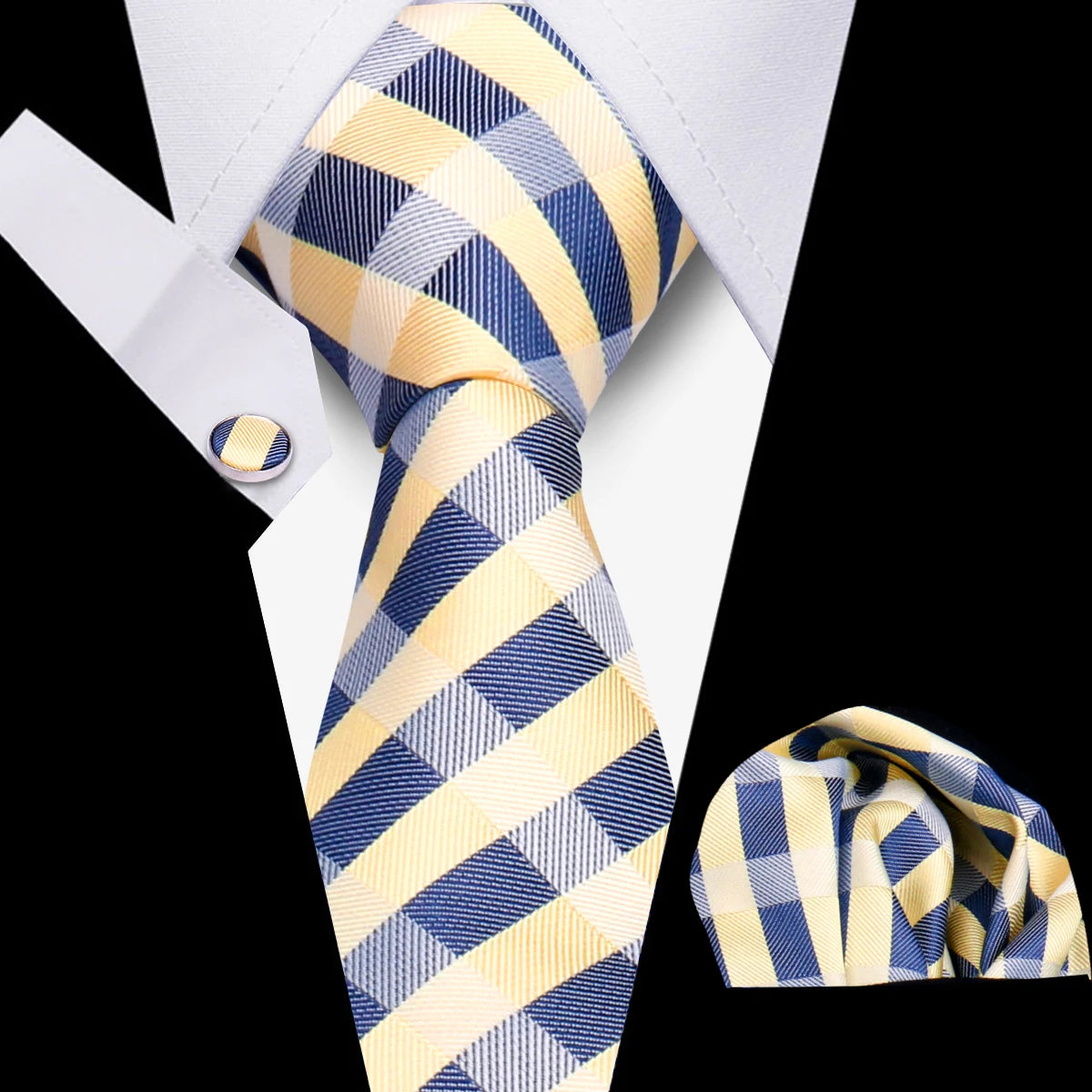 Tie Men Business Necktie Set Classic Plaid Cufflinks Handkerchief For Suit Wedding High Quality 3pcs Ties Sets Formal Gravata - Ellianto fashion Men's