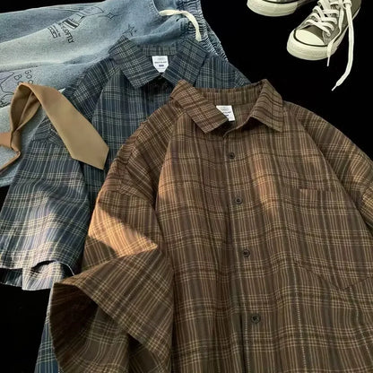 Japanese Vintage Plaid Short-Sleeve Shirt – Loose-Fit Comfort with High-End Streetwear Elegance for the Modern Gentleman