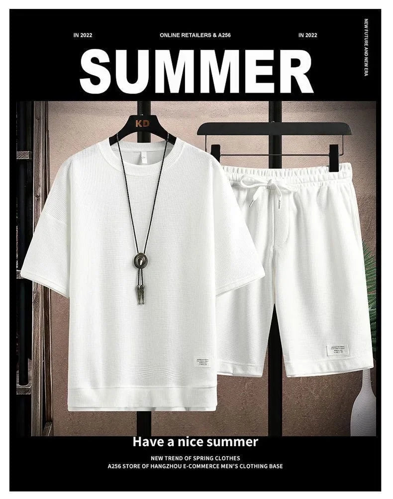 Casual Men's Sportswear Set Summer Short Sleeve Drawstring Shorts Loose Five-Quarter Pants Thin Male Outfit Two-Piece Suit - Ellianto fashion Men's