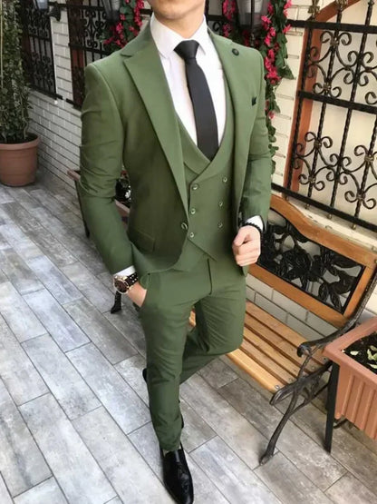 Slim Fit Formal Men Suits 3 Pcs Groom Tuxedos Notch Lapel Olive Green Groom Tuxedo for Wedding Best Man (Jacket + Vest + Pants) - Ellianto fashion Men's
