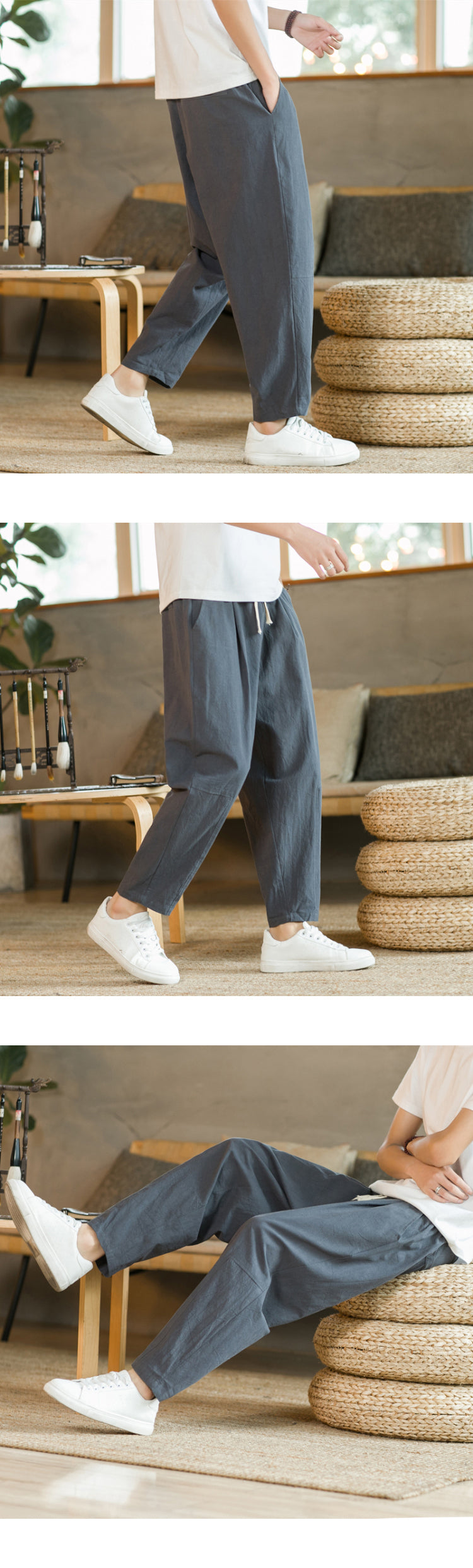 Men's Trousers Cotton Linen Fashion Casual Pants Solid Color Breathable Loose Shorts Straight Drawstring Pants Streetwear Men - Ellianto fashion Men's