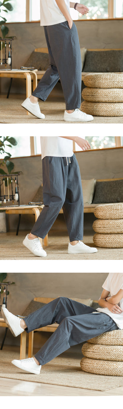 Men's Trousers Cotton Linen Fashion Casual Pants Solid Color Breathable Loose Shorts Straight Drawstring Pants Streetwear Men - Ellianto fashion Men's
