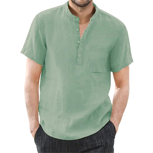 Men's Short Sleeve T-shirt Cotton and Linen Casual Men T-shirts Solid Color Summer Shirt Male Cozy Breathable - Ellianto fashion Men's