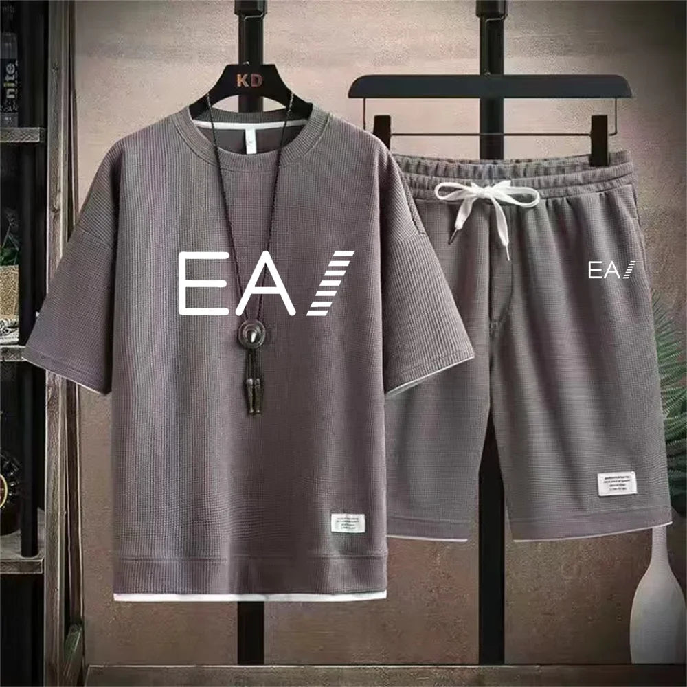 Set A new summer European men's breathable waffle round-neck short-sleeved and jogging sports shorts digital printing two-piece set - Ellianto fashion Men's