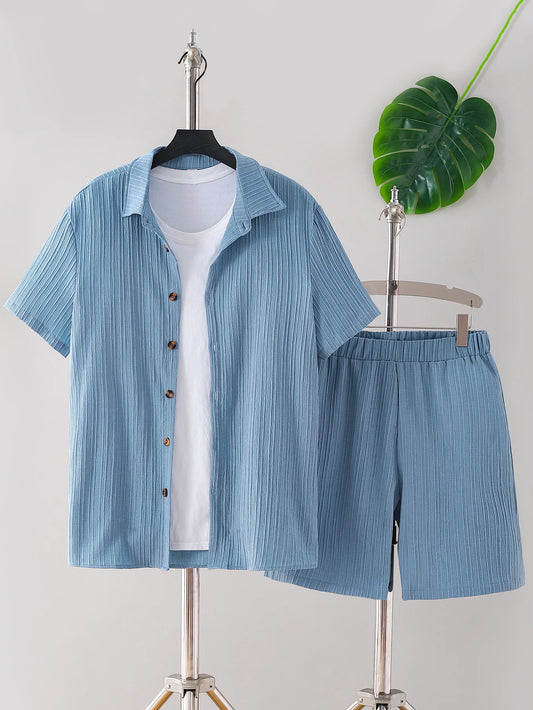 New adult summer open chest button short sleeved+loose shorts casual outfit - Ellianto fashion Men's