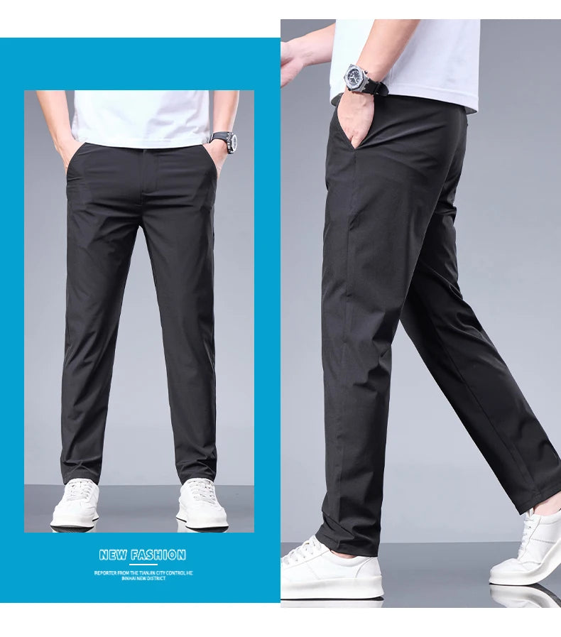 Summer New Business Ice Silk Pants Straight Elastic Waist Black Gray Trousers Breathable Simple Male Clothing Casual Suit Pants - Ellianto fashion Men's