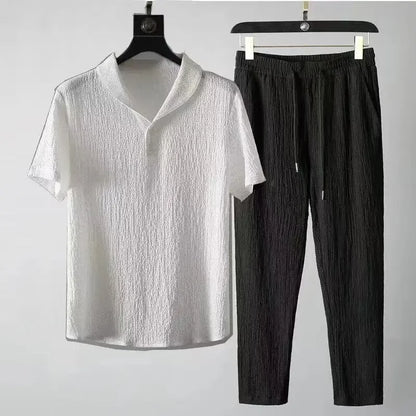 Summer Ultra-thin Five-piece Ice Silk Linen Suit Men's Cotton Linen 2-piece Set Loose-fit Mid-sleeve T-shirt Sports Wear - Ellianto fashion Men's