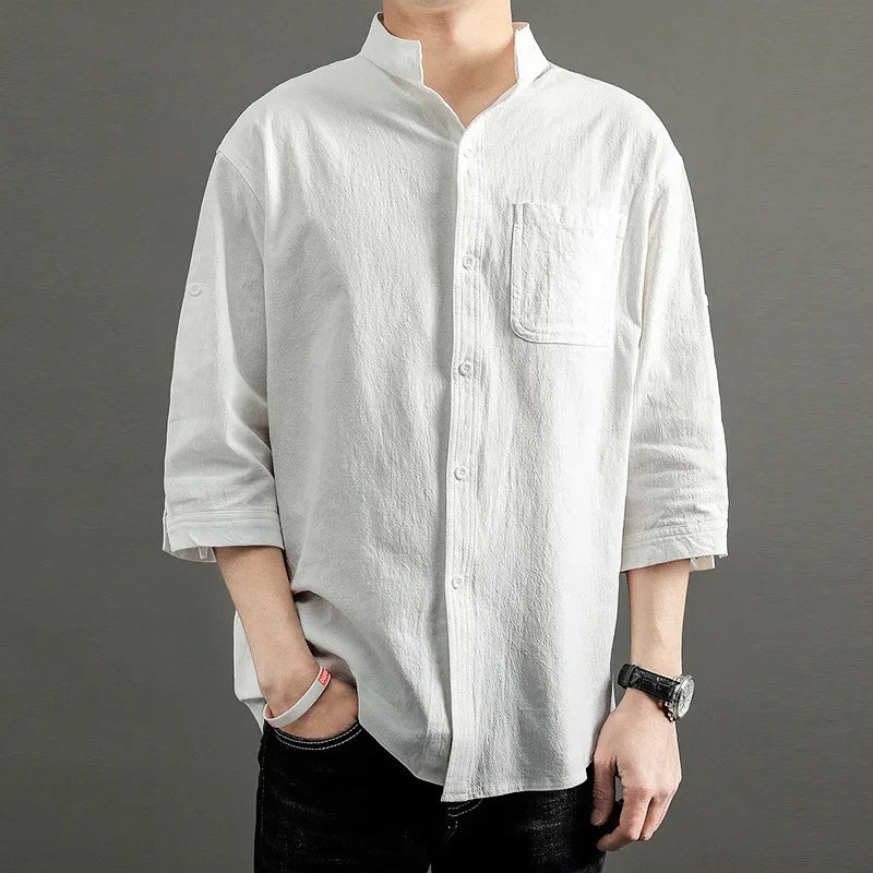 2023 Summer Cotton-Linen 3/4 Sleeve Shirt – Lightweight Comfort and Relaxed Japanese-Inspired Style for the Modern Gentleman