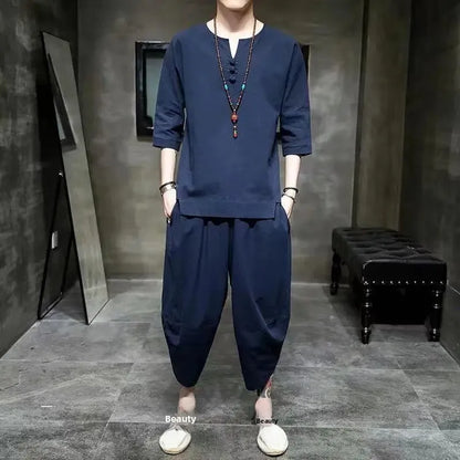 New Summer Linen Set Men's Chinese Style T-shirt Short Sleeve Two-piece Loose Seven Pants Set Male Comfortable Breathable - Ellianto fashion Men's