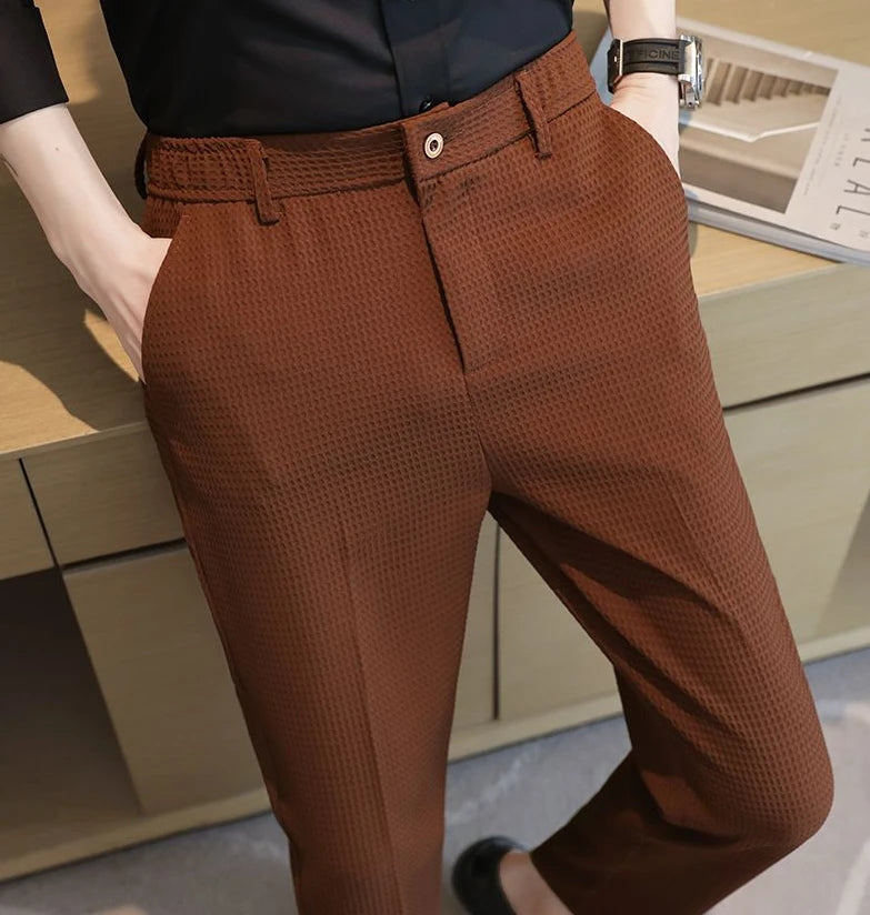 Trousers For Men Social Tailoring Slim Fit Khaki Business Waffle Tressed Work Wear Man Suits Pants Luxury Luxury Spring Clothes - Ellianto fashion Men's