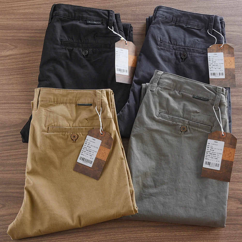 2025 Autumn New American Retro Woven Twill Cargo Pants Men's Simple 97.4% Cotton Washed Micro Elastic Straight Casual Trousers - Ellianto fashion Men's