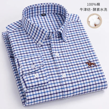 Casual Pure Cotton Oxford Mens Shirts Long Sleeve Embroidery Horse Design Regular Fit Fashion Button Man White Dress Shirt - Ellianto fashion Men's
