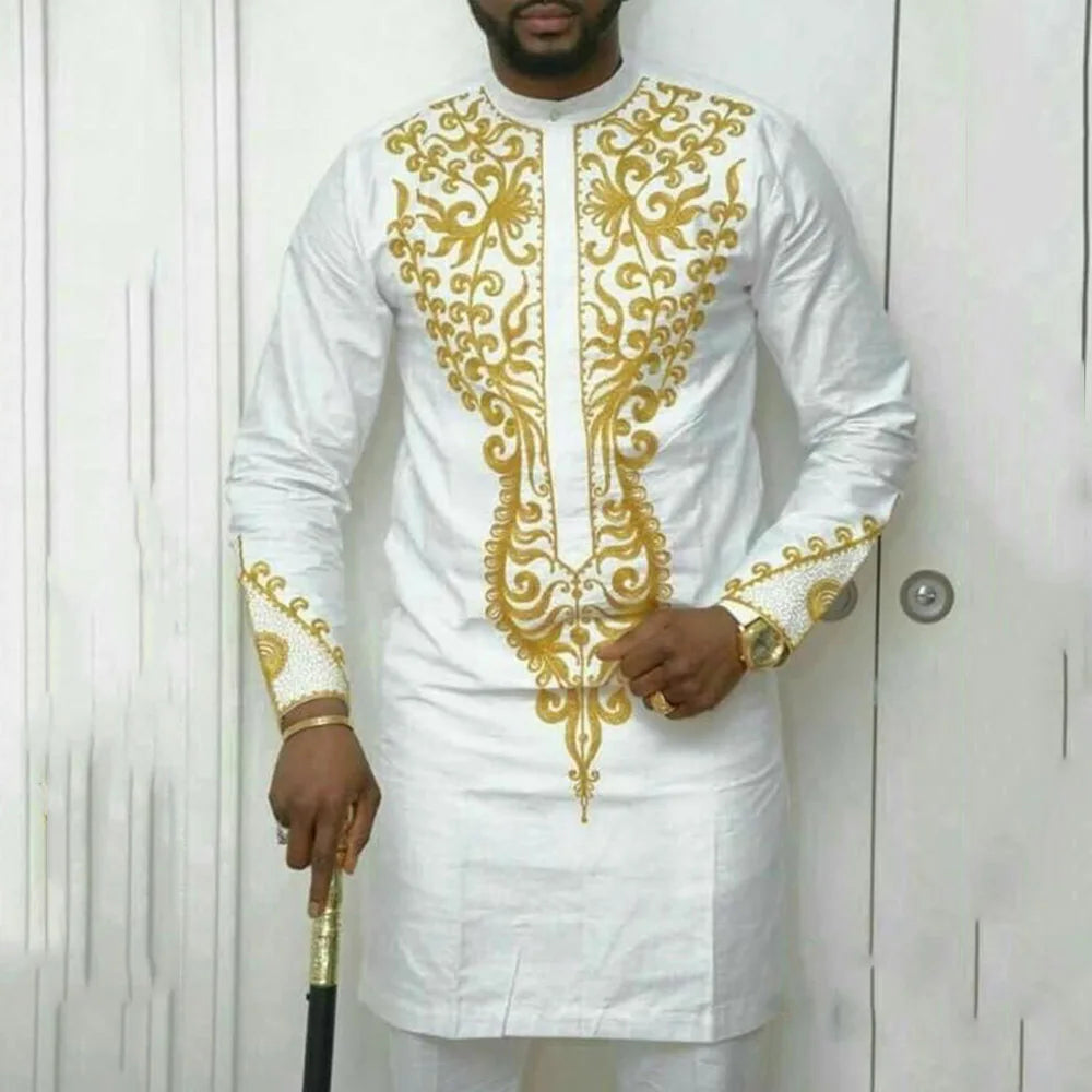 Wedding Suit For Men White Embroidered Pocket Top Pants Ensemble Homme African Traditional Casual Wear 2Pcs Sets Kaftan Outfits - Ellianto fashion Men's