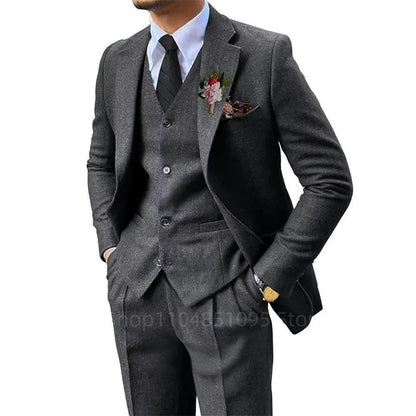Black/Brown Men 3 Pieces Herringbone Suit Formal Business Tweed Groom Tuxedo for Men Wedding Men's Suit Jacket Vest Pants Set - Ellianto fashion Men's
