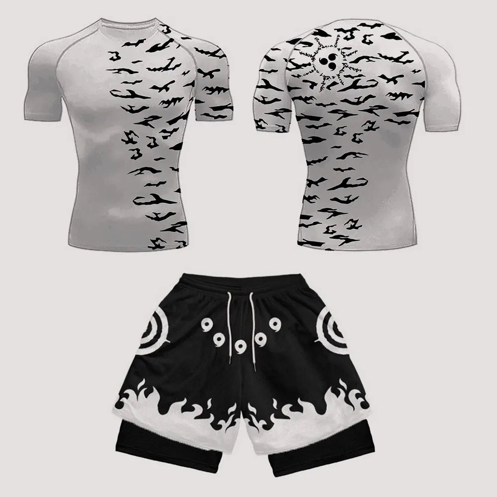 Men’s Anime Print Tracksuit – 2-Piece Breathable Sports Set with T-Shirt, Shorts & Joggers