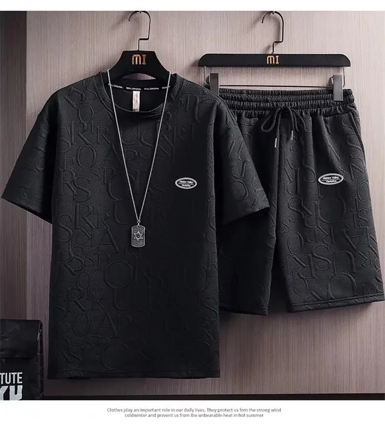 Summer Fashionable Korean Style Men's Short Sleeve Suit Versatile Waist Checked Five-point Shorts T-shirt Set Casual Wear - Ellianto fashion Men's