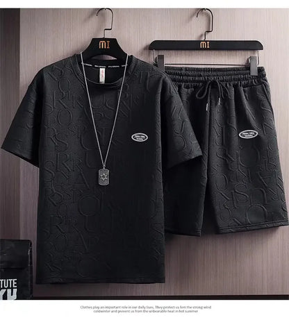 Summer Fashionable Korean Style Men's Short Sleeve Suit Versatile Waist Checked Five-point Shorts T-shirt Set Casual Wear - Ellianto fashion Men's