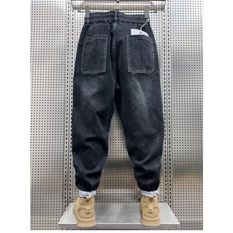 New 2025 Designer Clothes Man Vintage Retro Men's American Style Loose Wide Leg Harem Jeans with Fleece Lining Low Rise Jeans - Ellianto fashion Men's