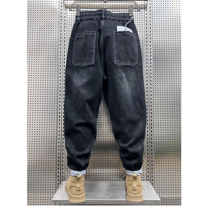 New 2025 Designer Clothes Man Vintage Retro Men's American Style Loose Wide Leg Harem Jeans with Fleece Lining Low Rise Jeans - Ellianto fashion Men's