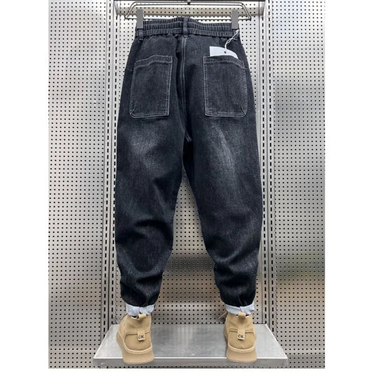 New 2025 Designer Clothes Man Vintage Retro Men's American Style Loose Wide Leg Harem Jeans with Fleece Lining Low Rise Jeans - Ellianto fashion Men's
