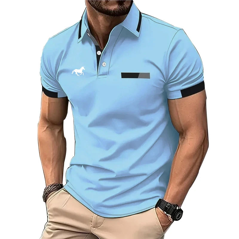 100% Polyester Men Summer Short Sleeve Fashion Lapel Business Casual Polo Shirt Men Slim Pure Color Golf Polo Shirt Tops . - Ellianto fashion Men's