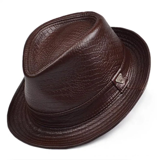 Man High Quality Genuine Leather Jazz Fedora Gentleman CowSkin Short Brim Black/Brown Fitted Top Hat Print Crocodile Pattern - Ellianto fashion Men's
