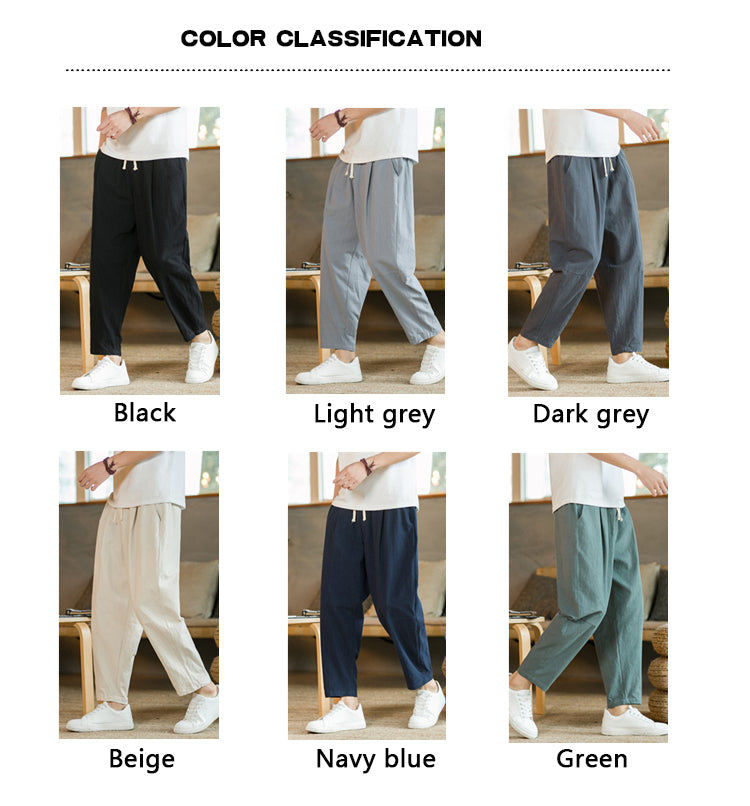 Men's Trousers Cotton Linen Fashion Casual Pants Solid Color Breathable Loose Shorts Straight Drawstring Pants Streetwear Men - Ellianto fashion Men's