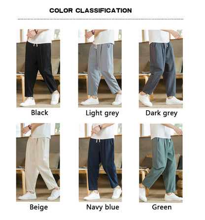 Men's Trousers Cotton Linen Fashion Casual Pants Solid Color Breathable Loose Shorts Straight Drawstring Pants Streetwear Men - Ellianto fashion Men's