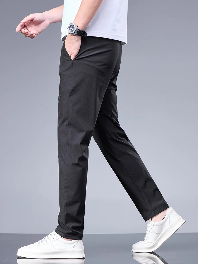 Summer New Business Ice Silk Pants Straight Elastic Waist Black Gray Trousers Breathable Simple Male Clothing Casual Suit Pants - Ellianto fashion Men's
