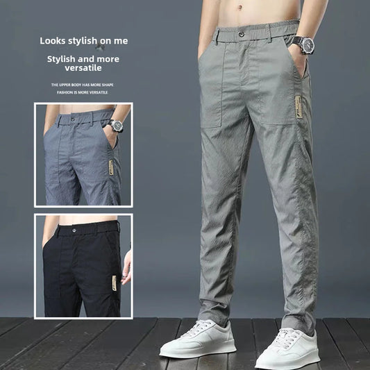 Men's Summer Thin Casual Pants Breathable Ice Silk Elastic Straight-leg Loose-fit Quick Dry Pants Trendy Versatile Long - Ellianto fashion Men's