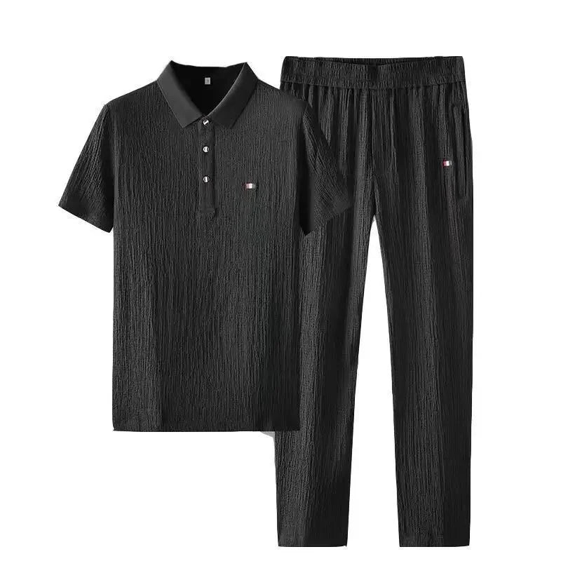 Summer Men's Casual Thin Collar Two-Piece Suit Full Set Fashionable Lightweight Breathable Comfortable Male Clothing Ensemble - Ellianto fashion Men's
