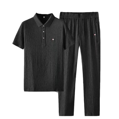 Summer Men's Casual Thin Collar Two-Piece Suit Full Set Fashionable Lightweight Breathable Comfortable Male Clothing Ensemble - Ellianto fashion Men's