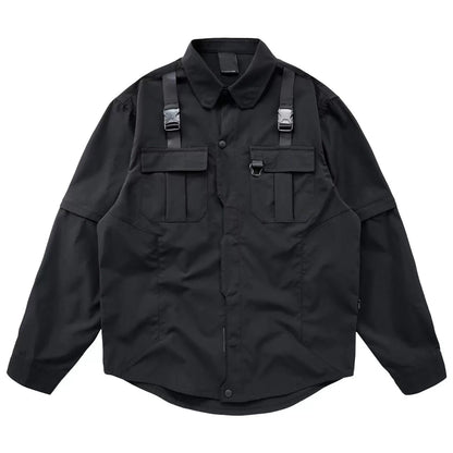 Men's Techwear Button Up Shirt Oversized Streetwear Harajuku Hip Hop Shirts Detachable Sleeve Black Tooling Button Up Blouse - Ellianto fashion Men's