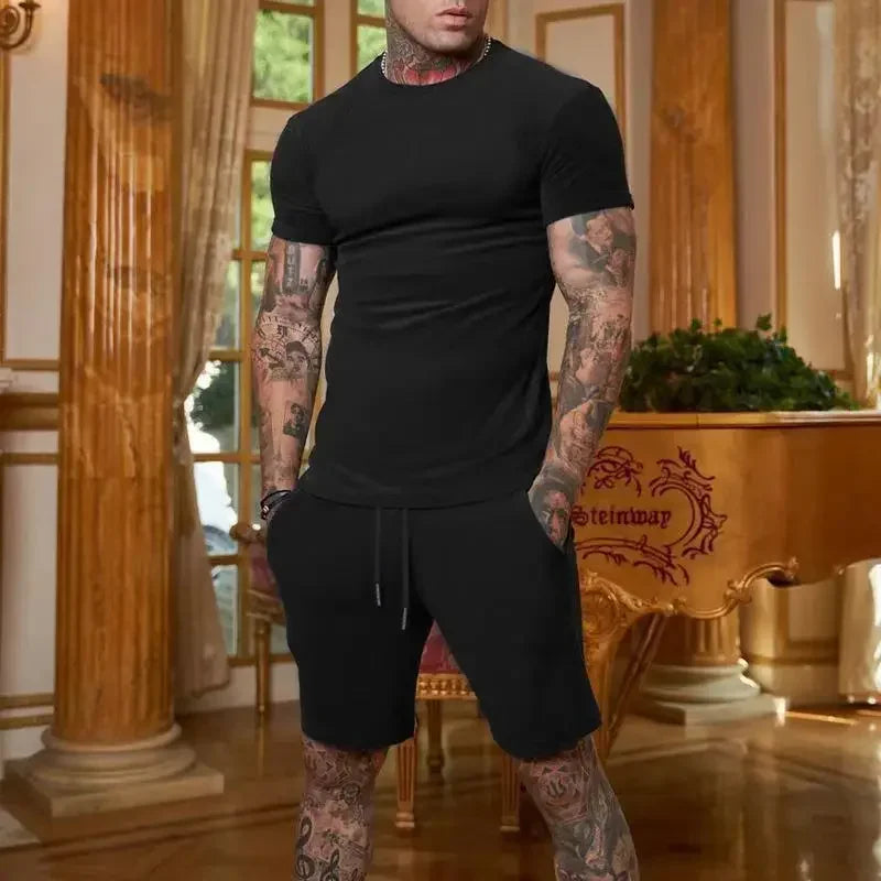 2025 summer new men's breathable sportswear short sleeved t-shirt and shorts set popular quick drying clothing - Ellianto fashion Men's