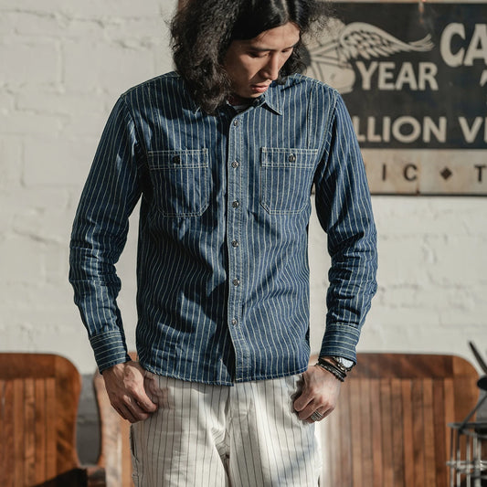 Non Stock Wabash Dot Striped Shirt Vintage Style Button Down Workshirt For Men - Ellianto fashion Men's