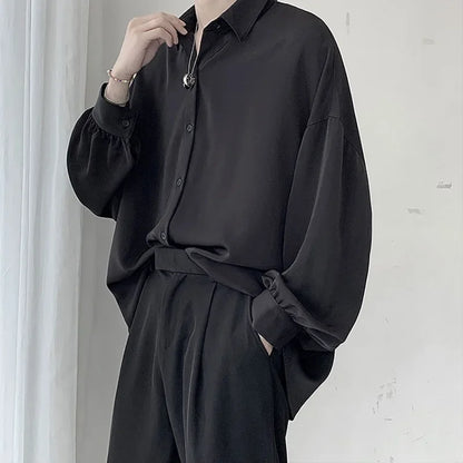 Korean Style Men's Long-sleeved Shirts Black Tie Cozy Casual Solid Oversize Blouses Breathable Loose Shirt Harajuku Male Clothes - Ellianto fashion Men's