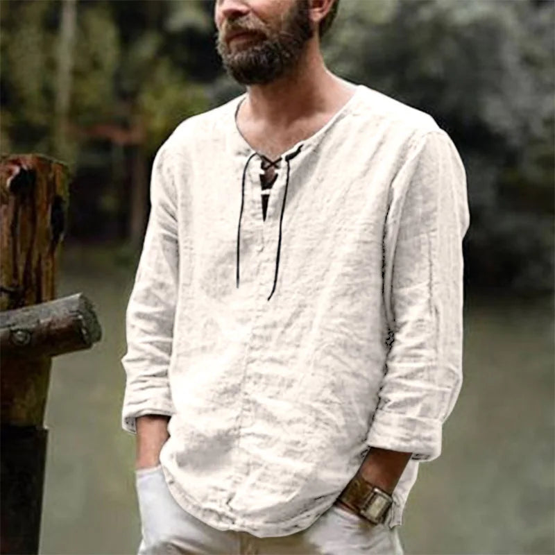 New Men's Cotton Linen shirt Male Solid Color V Neck bandage T-shirts Summer Men's Casual Long Sleeves Linen shirt Tops S-3XL - Ellianto fashion Men's