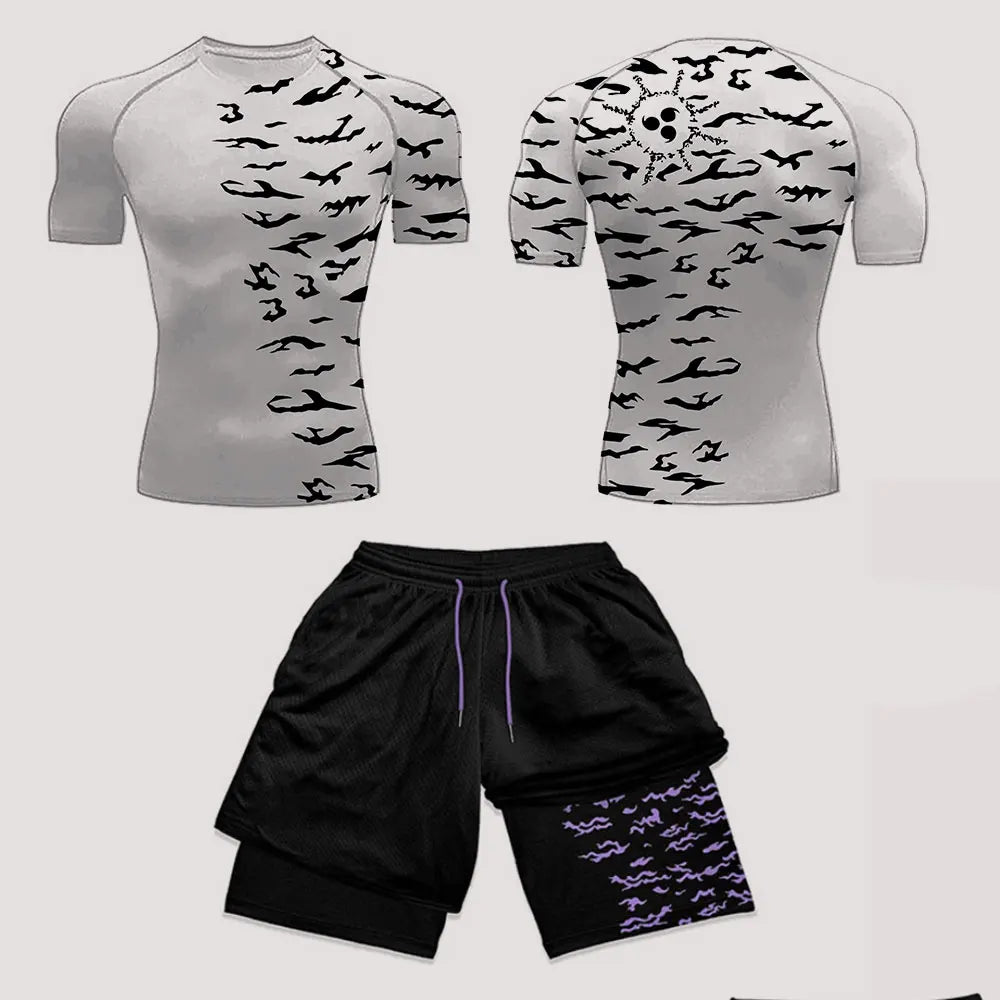 Men’s Anime Print Tracksuit – 2-Piece Breathable Sports Set with T-Shirt, Shorts & Joggers