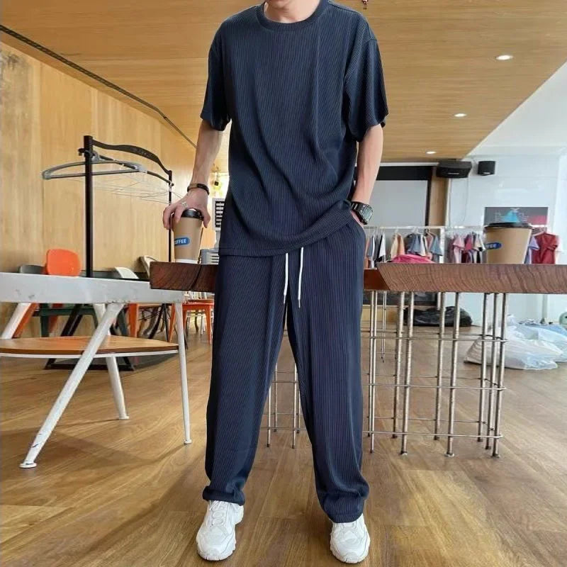 Casualsuit Ice Silk Sports Men's Summer Thin Short Sleeves T-shirt Quick Dry Long Pants Matching Half Sleeve Clothes Set - Ellianto fashion Men's