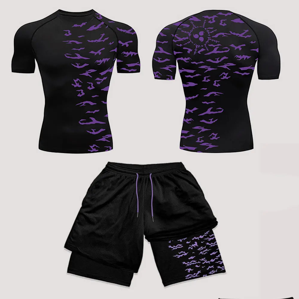 Men’s Anime Print Tracksuit – 2-Piece Breathable Sports Set with T-Shirt, Shorts & Joggers
