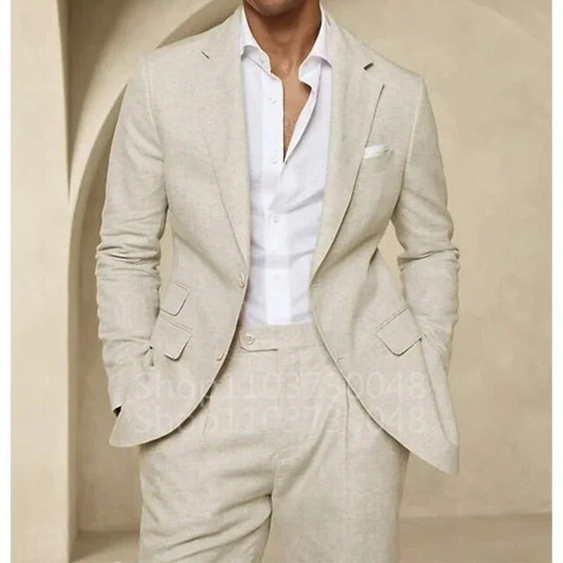 2 Piece High QualityBlue/Beige Linen Men Suit Smart Casual Single Breasted Slim Fit Notch Lapel Blazer with Pants Costume Homme - Ellianto fashion Men's