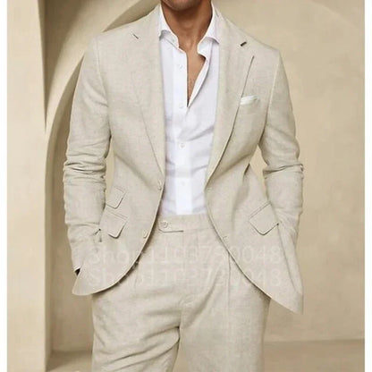 2 Piece High QualityBlue/Beige Linen Men Suit Smart Casual Single Breasted Slim Fit Notch Lapel Blazer with Pants Costume Homme - Ellianto fashion Men's
