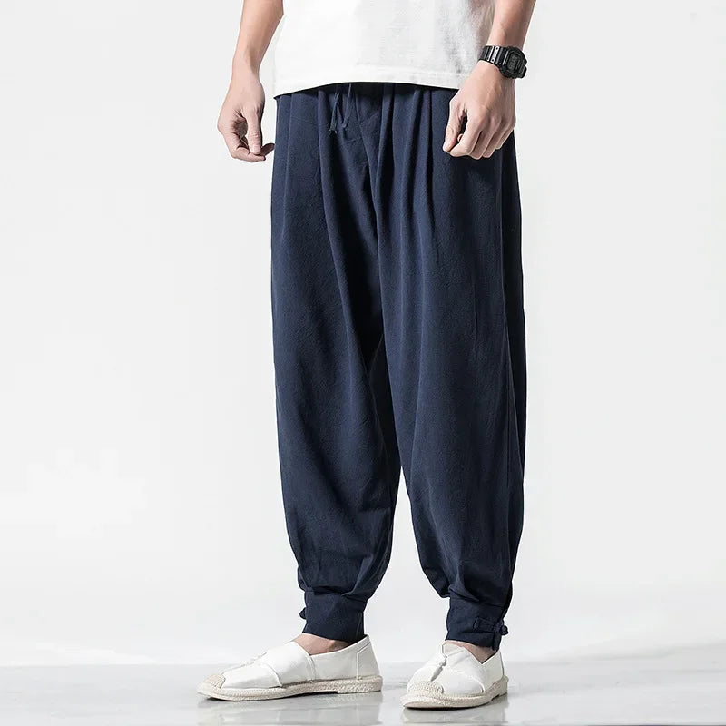 Loose-fit Cotton Linen Men's Women's Monk Pants No Tying Required Casual Spring Summer Long Pants For Zen Meditation - Ellianto fashion Men's