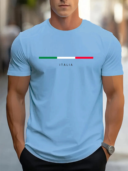 Men's summer 100 cotton fashionable casual loose plus size ITALIA pattern printed sports round neck short sleeved T-shirt top - Ellianto fashion Men's